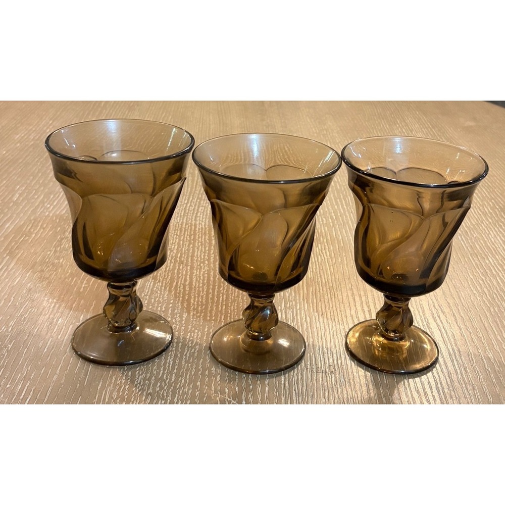 Fostoria Jamestown Smokey Quartz Brown Swirl Glass Goblets Set of 3 Vintage